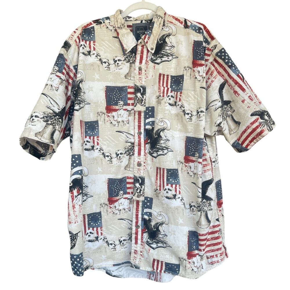 RedHead Shirt Mens XL Beige Patriotic‎ American Flag Eagle Liberty USA Cotton
